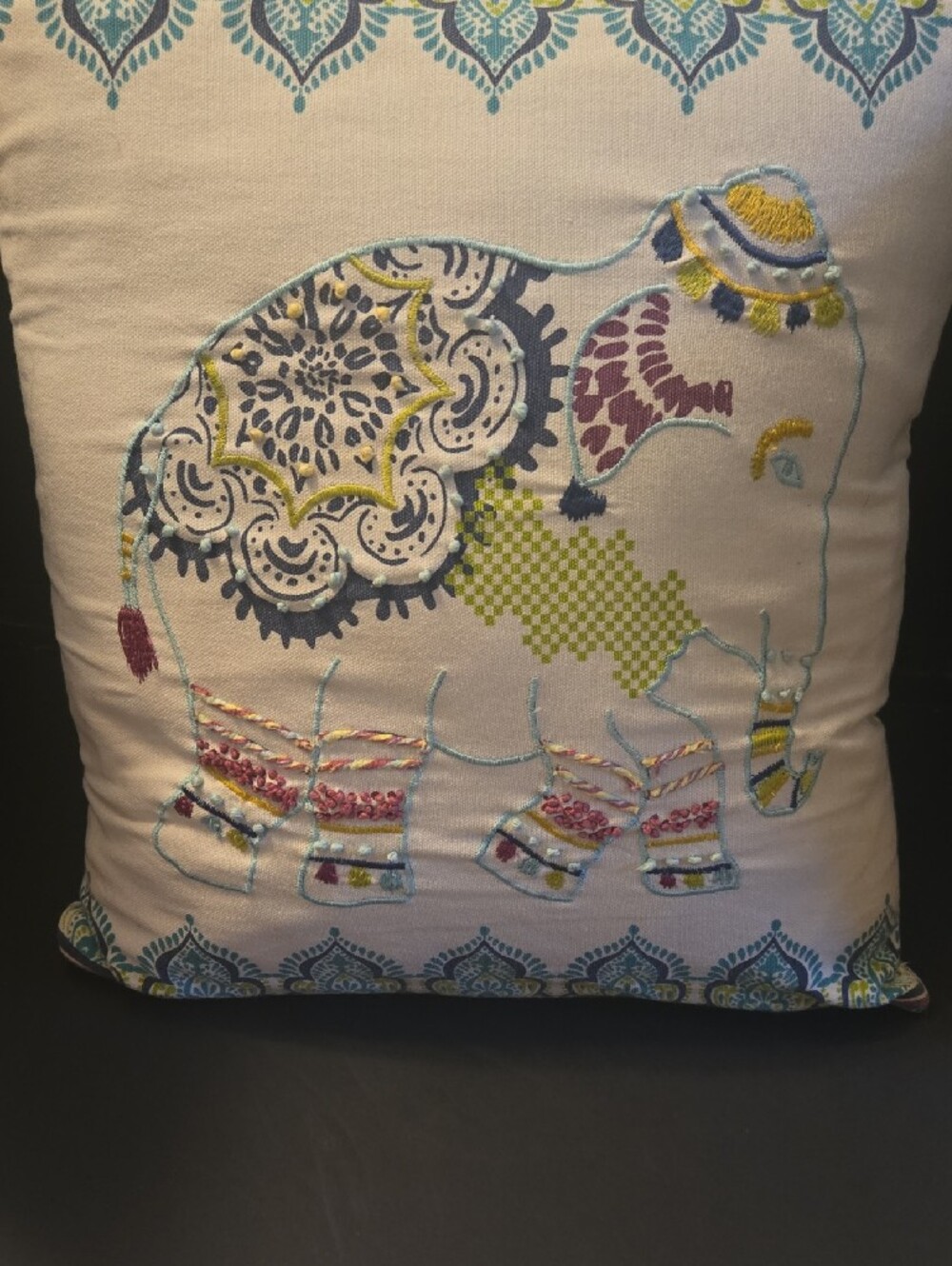 Anthology Embroidered Elephant Decorative Throw Pillow in Cream and Multicolor - Picture 8 of 10